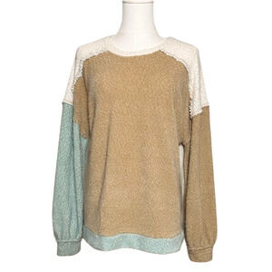 Blu Pepper Cream Tan Mint Colorblock Brushed Knit Sweater Cozy Loungewear Medium